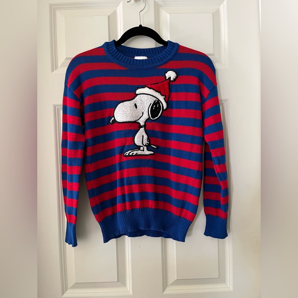 Peanuts Snoopy Christmas crewneck Sweater Red Blue Stripes size S Santa kitschy